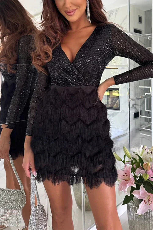 Glitzerndes Partykleid V-Ausschnitt Elegant Damenkleid