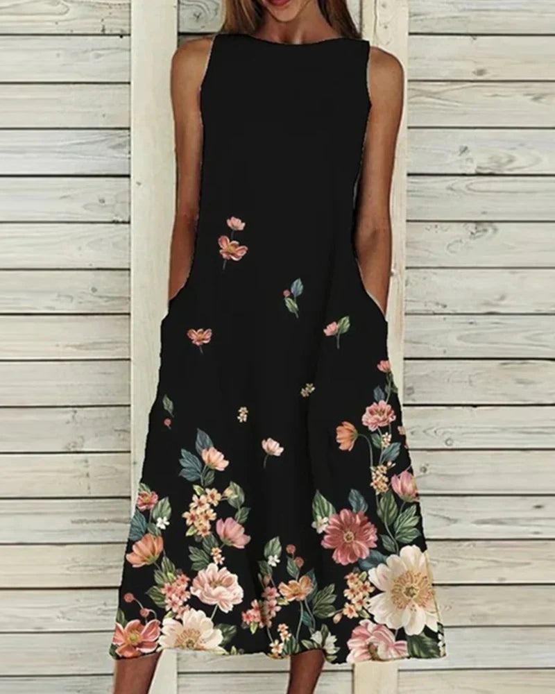 Sommerkleid Damen Blumen Midi Kleid Rundhals Ärmellos