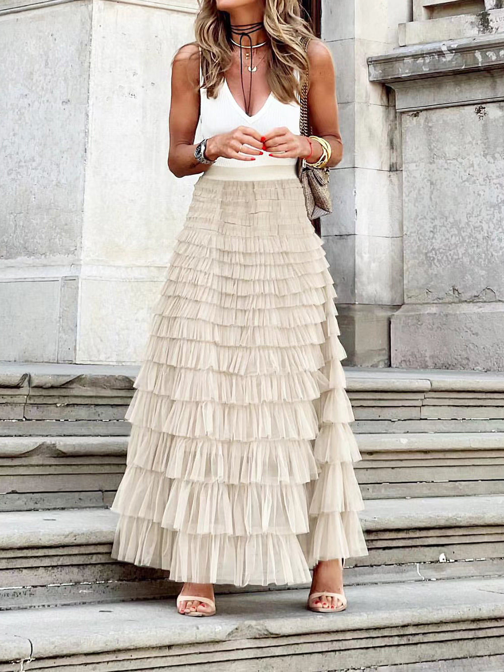 Beige Lagenlook Acetate Dress: Epona