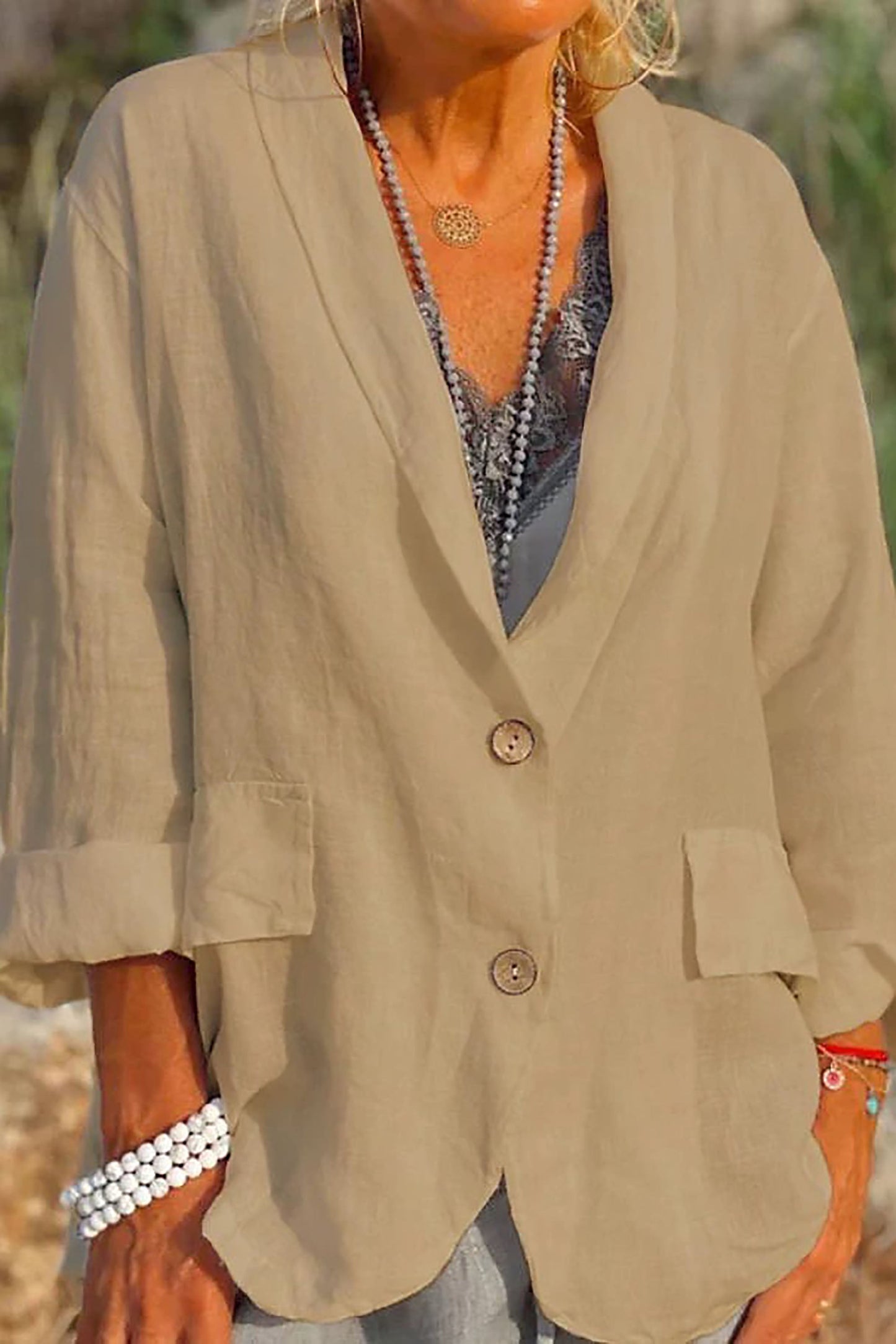 Leinenjacke Damen Leicht Sommer Knopfverschluss Modern