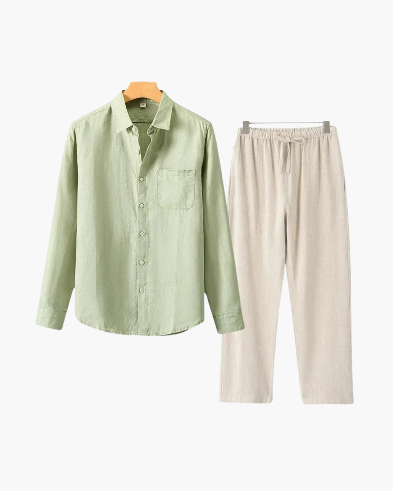 Herren Leinenanzug Sommer Zweiteiler Langarm Hose Hemd Set