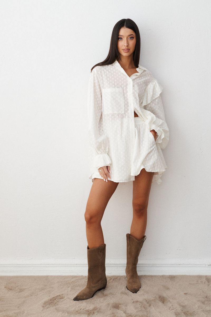 Weißes Durchsichtiges Baumwoll-Shirt-Shorts-Set Sommer