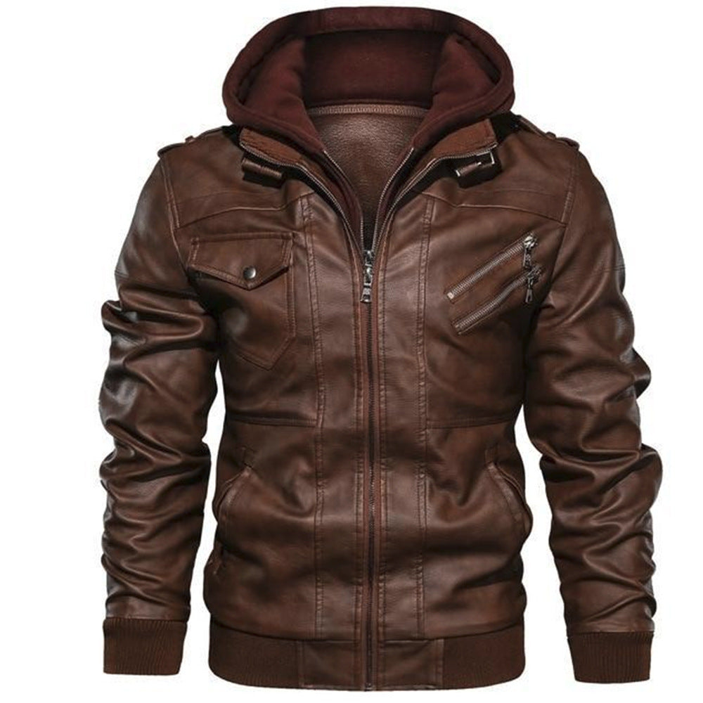 Lederjacke Herren Robust mit Kapuze und Reißverschluss
