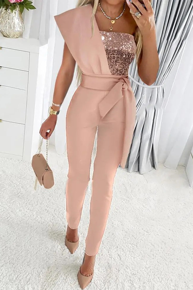 Eleganter Jumpsuit Glitzer Schulter Abendkleid Frauen