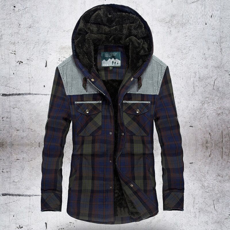 Herren Flanelljacke Warm mit Fleece Futter und Kapuze