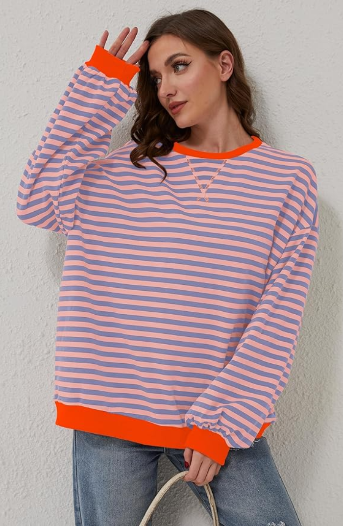 Damen Sweatshirt Streifen Kontrast Akzente Modern