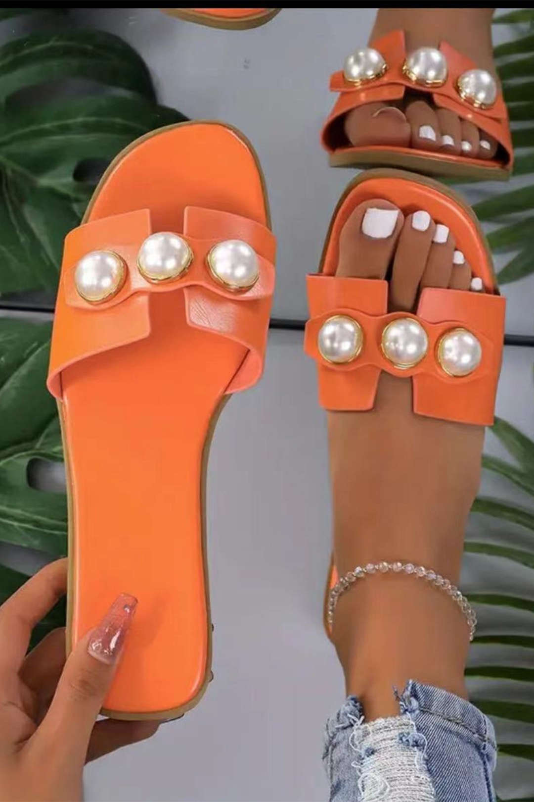 Leder Slides Damen Leicht mit Perlen Verzierung Luxus