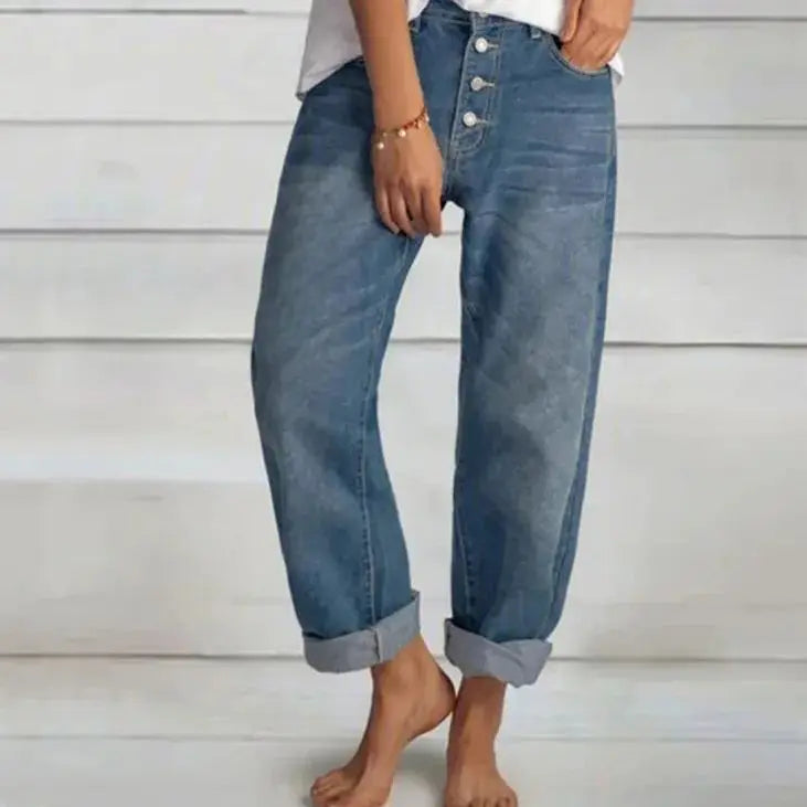 Damen Jeans Weit Bein Knopfleiste Comfort