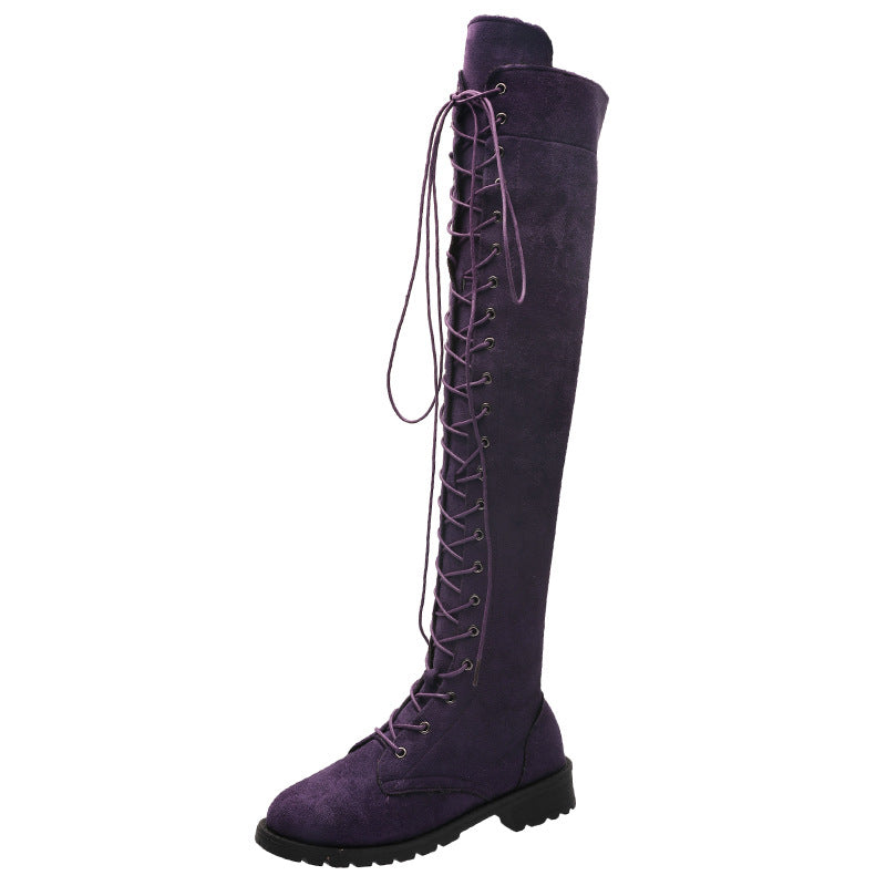 Damen Stiefel Überknie Weiches Wildleder Schnürstiefel