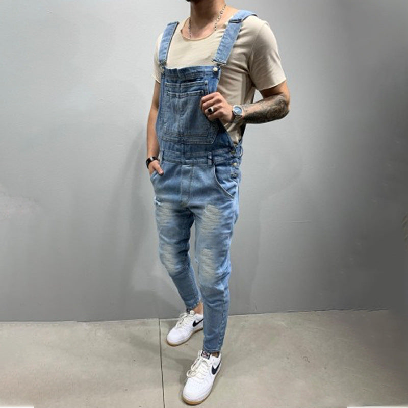 Herren Destroyed Jeans Latzhose Ripped Style