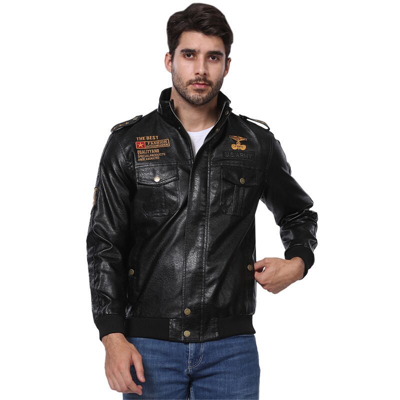 Lederjacke Herren Vintage Militärstyle Patches Schwarz