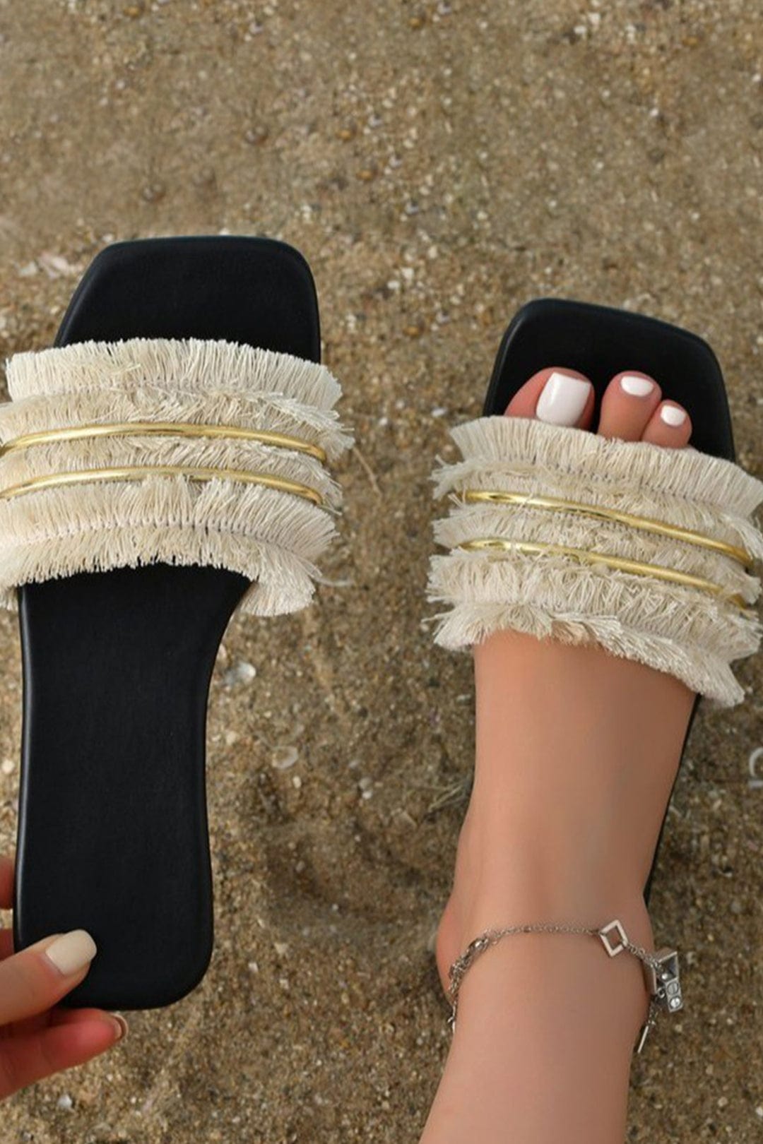 Sommer Slides Sandalen Mit Fransen Detail