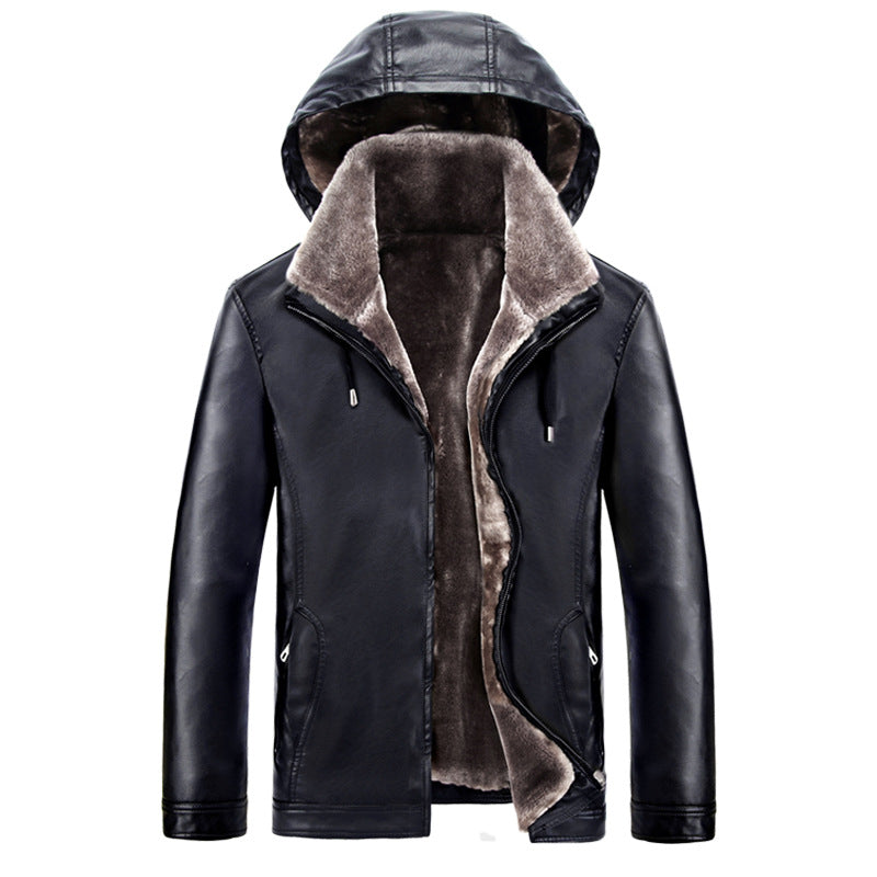 Herren Lederjacke Urban Style Kapuze Warm