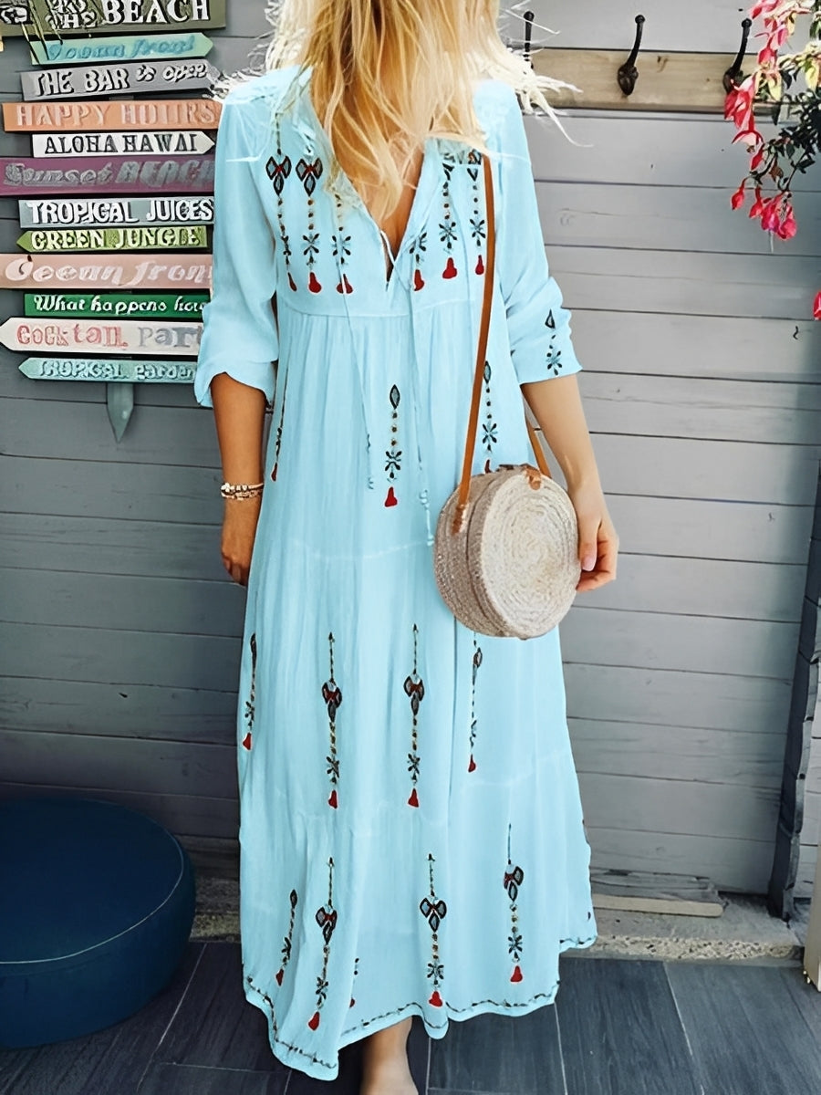 Boho-Kleid Damen Blumenmuster V-Ausschnitt Sommerkleid