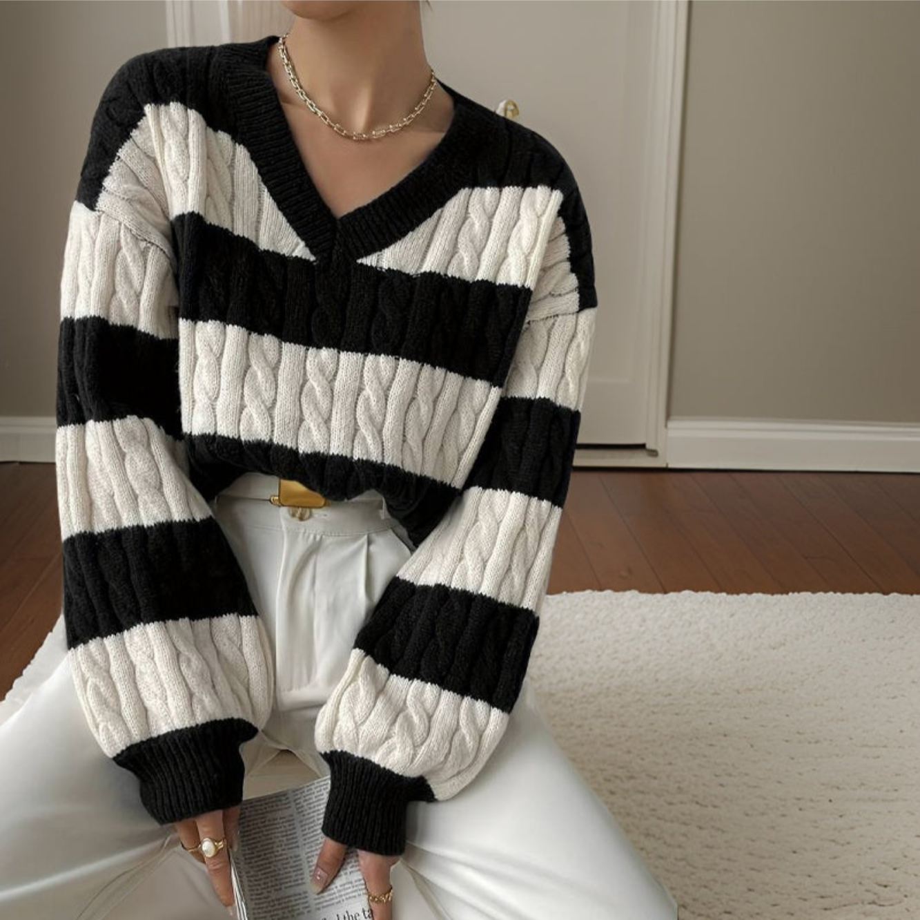 Frauen Pullover Langarm Schwarz Weiß Eleganz