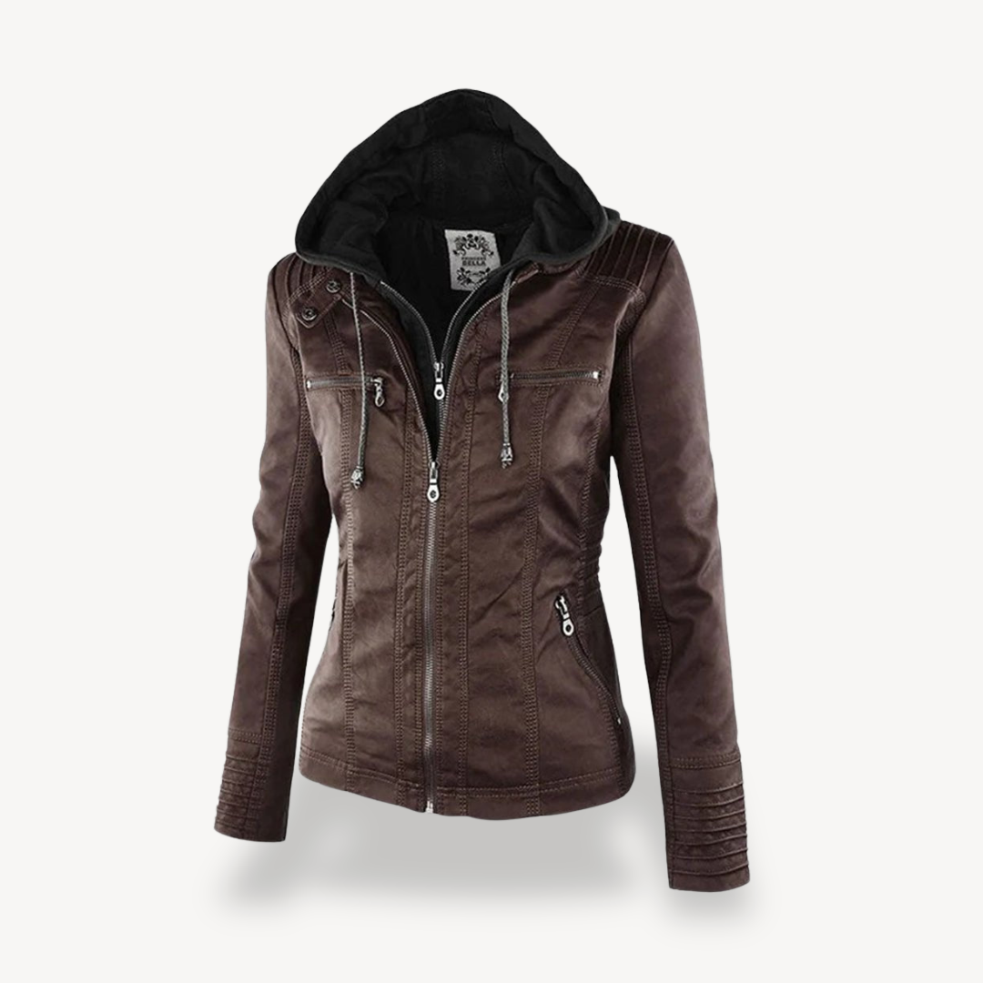 Wasserdichte Lederjacke Damen Kapuze Schwarz Ledermantel