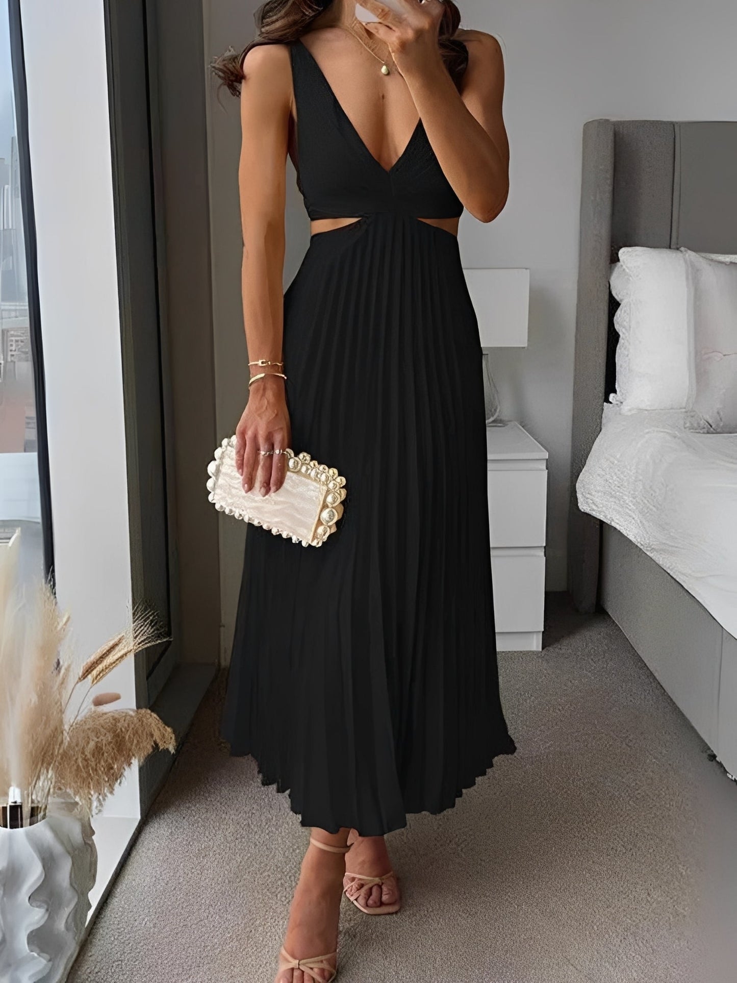 Elegantes Damenkleid Plissee Hohltaille Schwarz