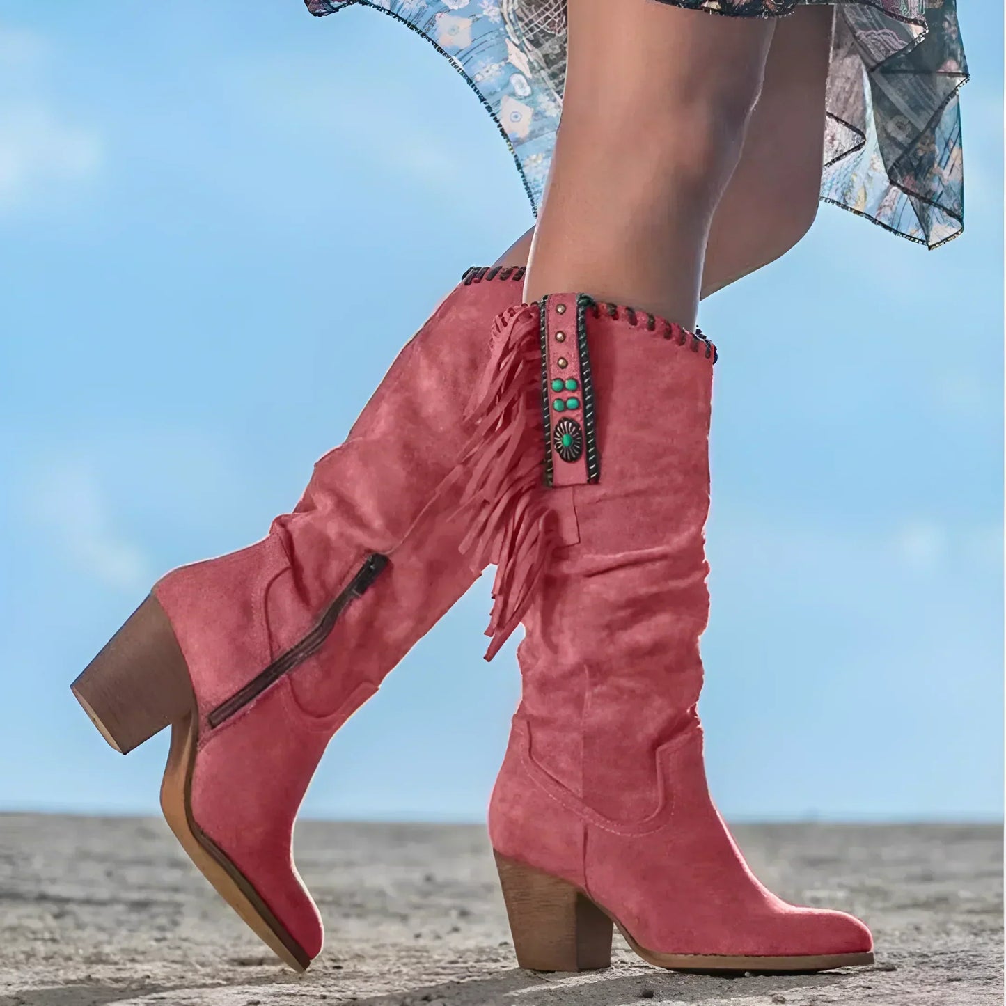 Damen Westernstiefel Fransen Stiefel Klobiger Absatz