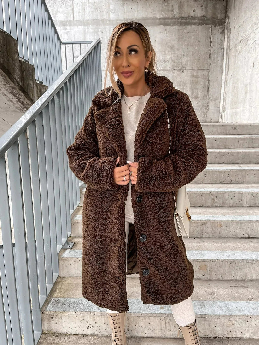 Lang Plüsch-Trenchcoat Damen Modern