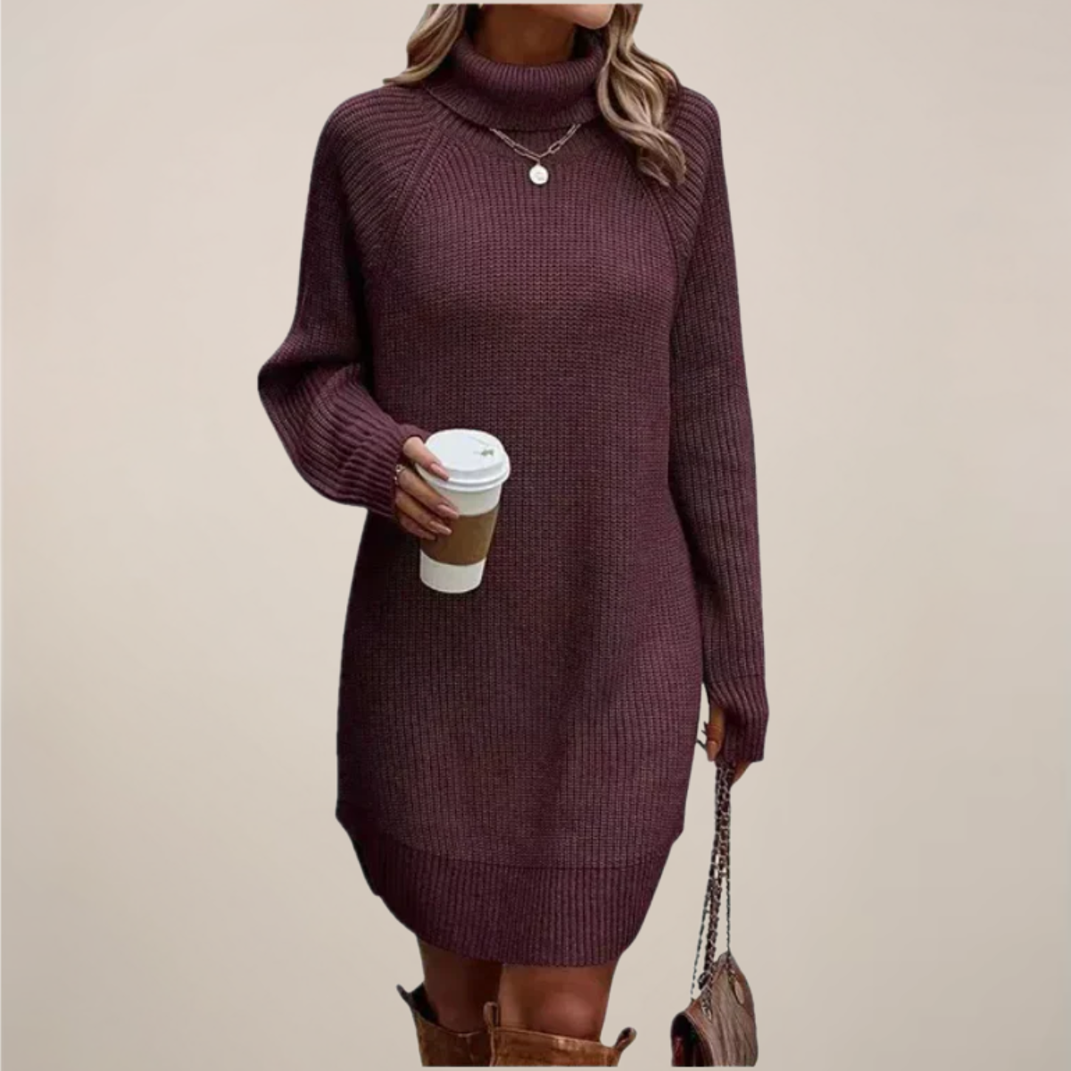 Damen Rollkragen Pulloverkleid Langarm Warm