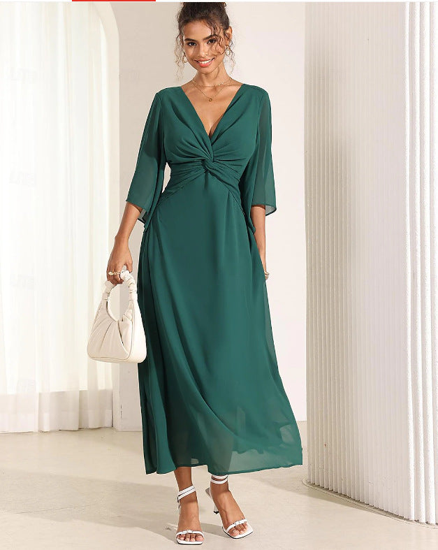 BerlinGlamour Langarmshirt, einfarbiges V-Ausschnitt-Maxikleid