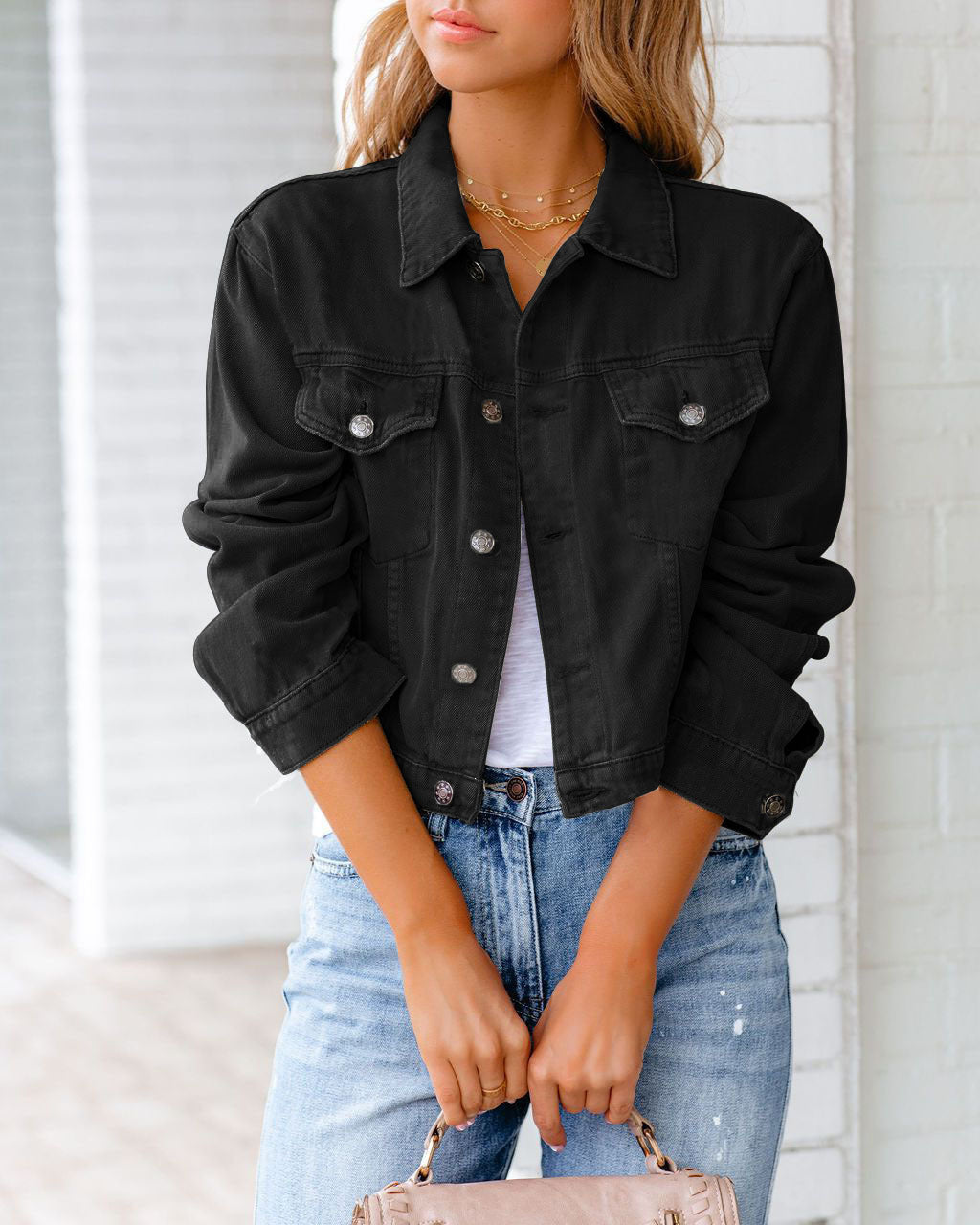 Modische Jeansjacke Damen Mit Knöpfen Und Taschen