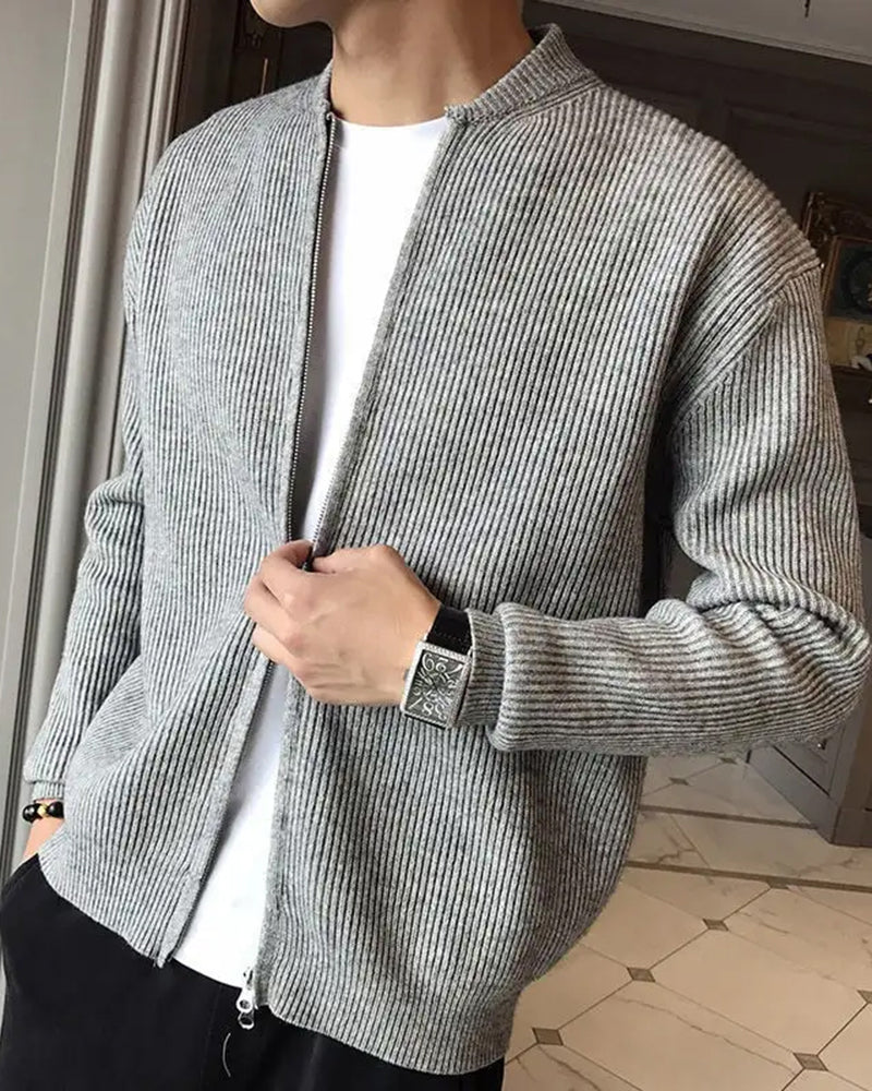 Herren Strickjacke Stehkragen Rippstrick Reißverschluss
