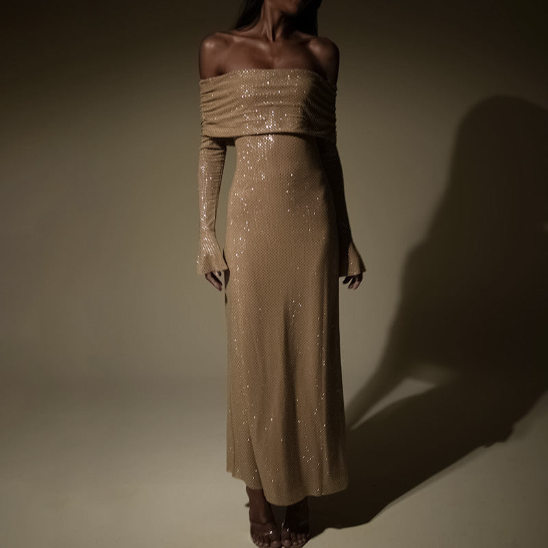 Glitzerndes Abendkleid Off-Shoulder Maxi Damenkleid