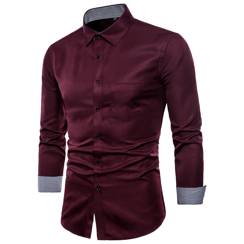 Herren Langarmhemd Slim Fit Satin Modern Schwarz