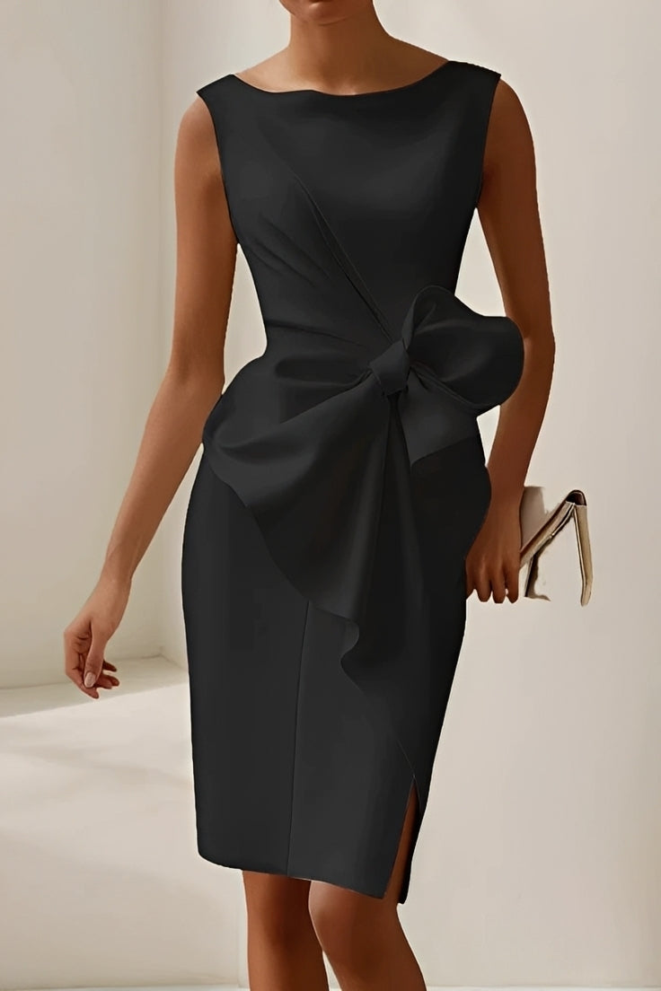 Elegantes Damenkleid Midikleid mit Schleife Schwarz