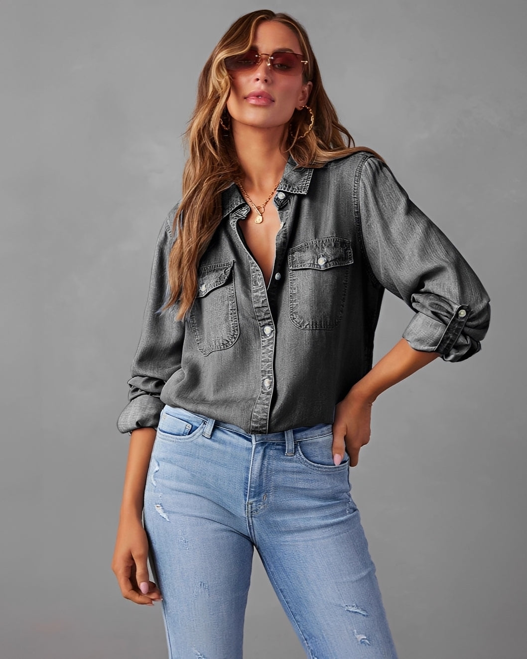 Damen Jeanshemd Langarm Klassisch Modern