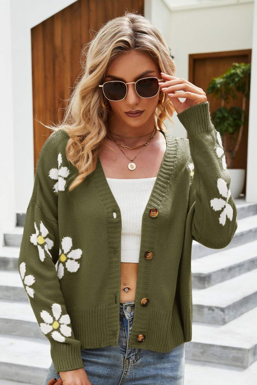 Floral Cardigan Damen Großkaros Drop Schulter