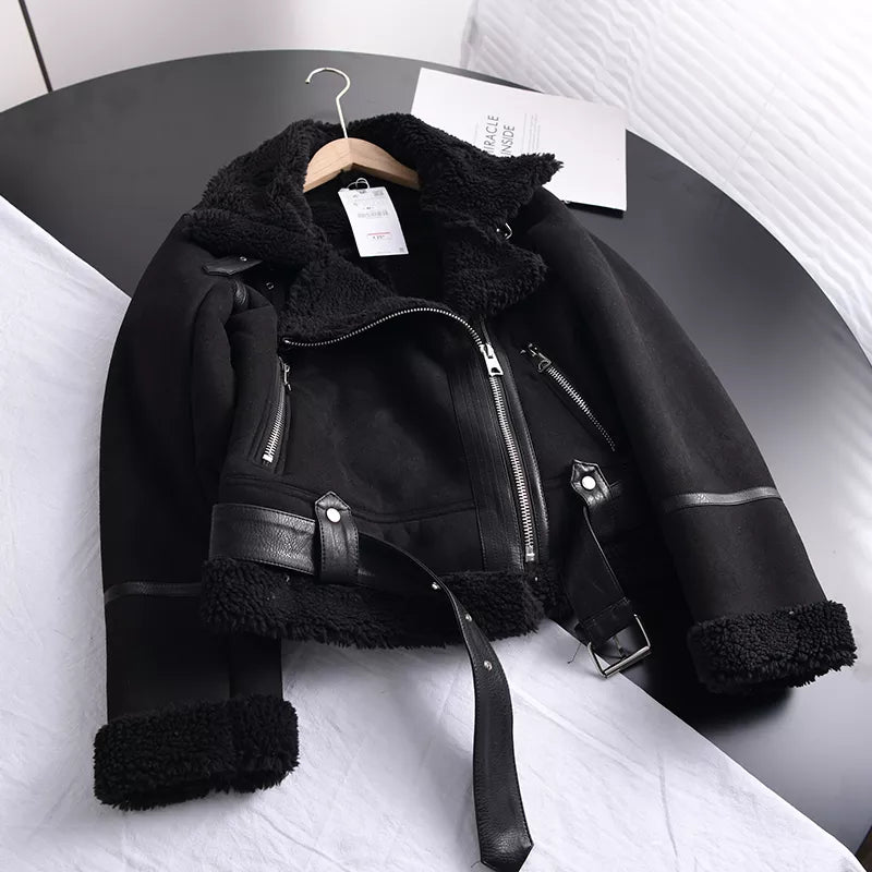 Elegante Damen Winterjacke Wildleder Schwarz