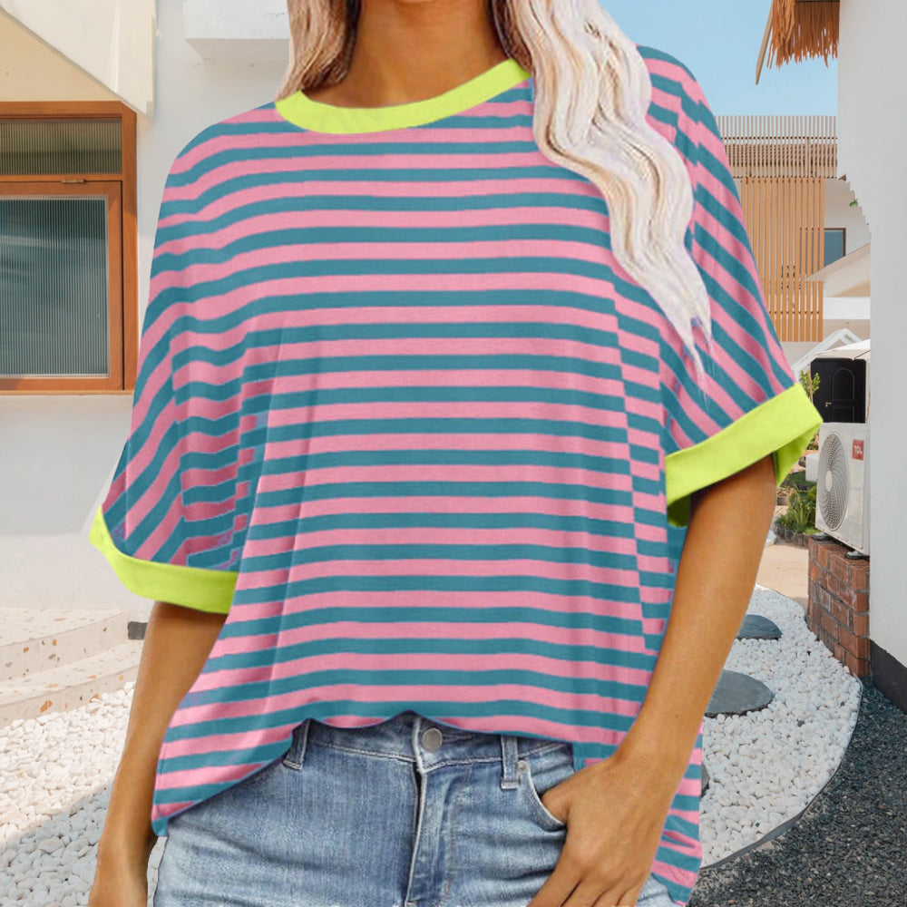 Damen Sommer Top Rundhals Gestreift Kurzärmlig