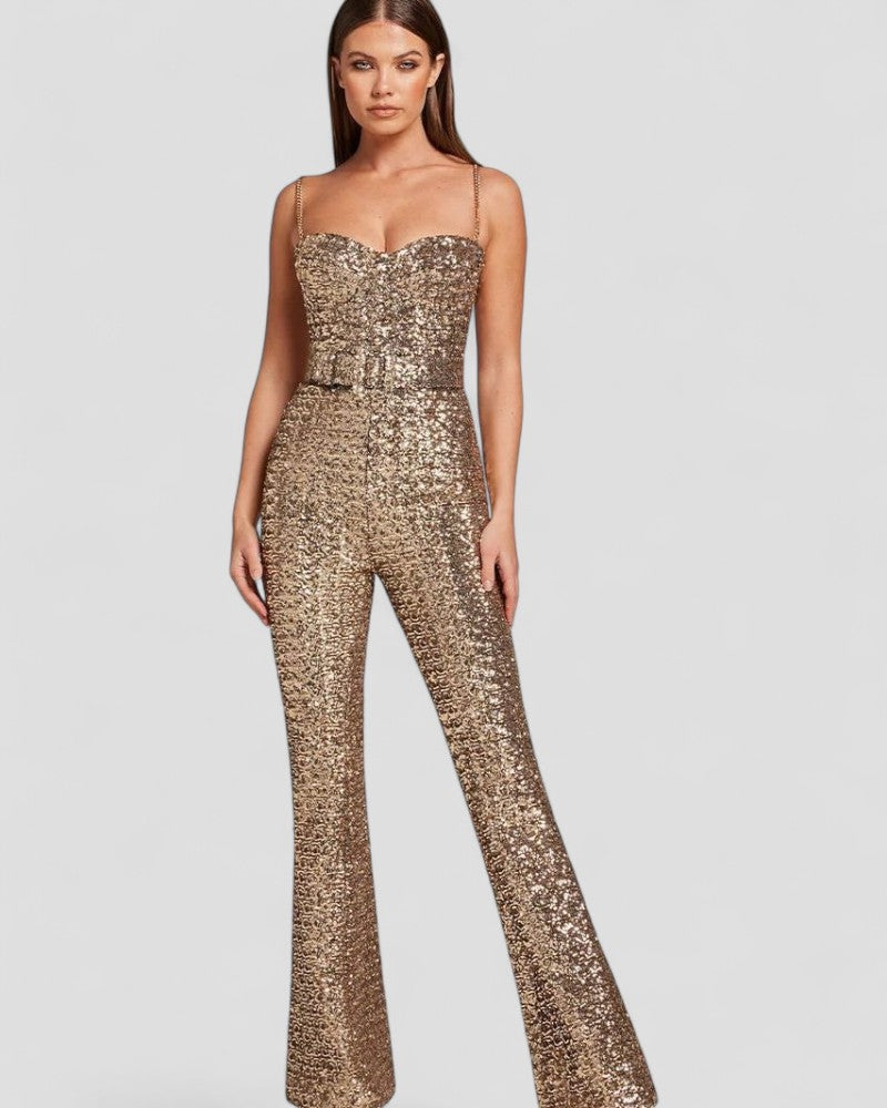 Ausgestellter Jumpsuit mit Pailletten und Korsett-Oberteil 3
