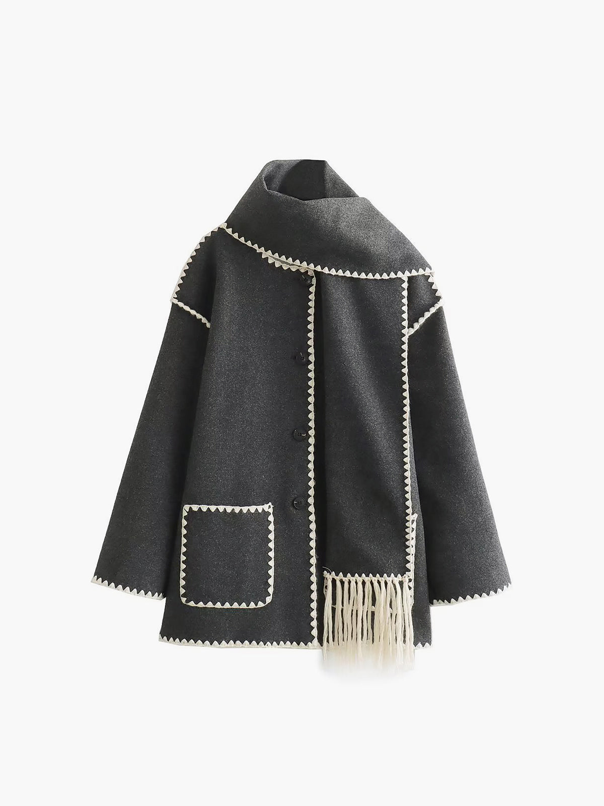 Damen Cape-Mantel mit Schal und Fransen Elegant Lang