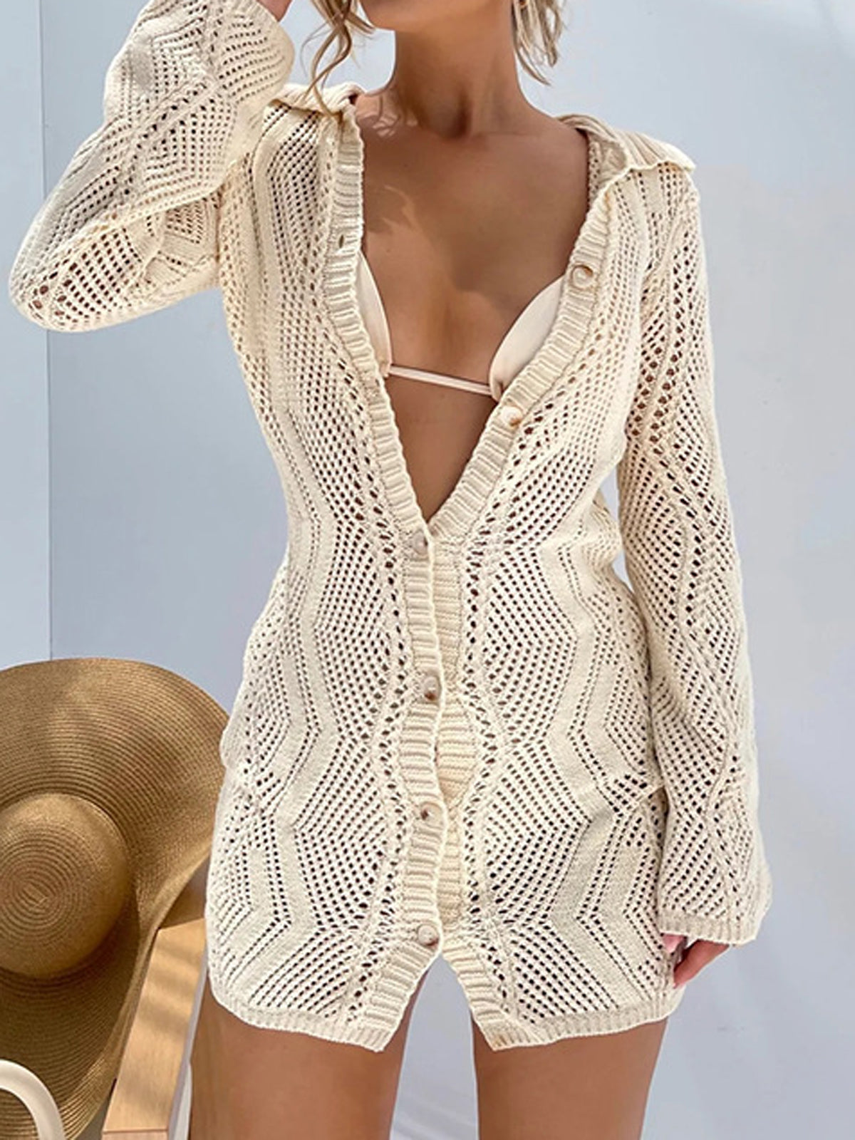 Häkelkleid Strandkleid Crème Farbe Mit Knöpfen