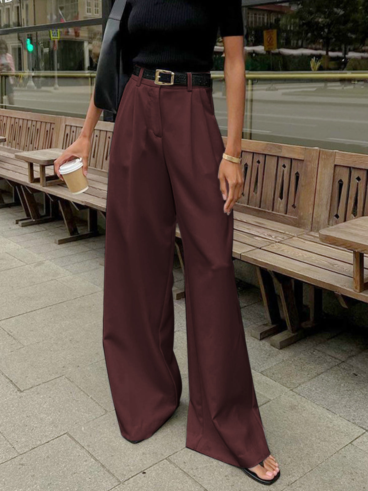 Damen Weite Hosen Plissiert mit Gürtel Bequem