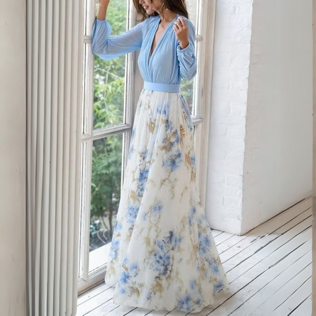 Damen Maxi Kleid Blumenmuster V-Ausschnitt Sommer