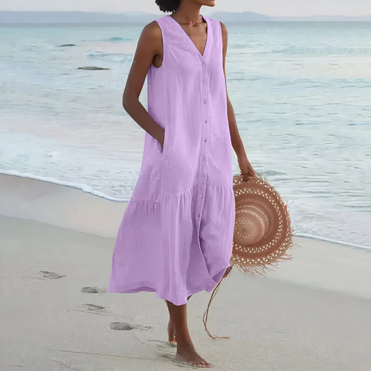 Modernes, ärmelloses Leinen-Midikleid für Damen