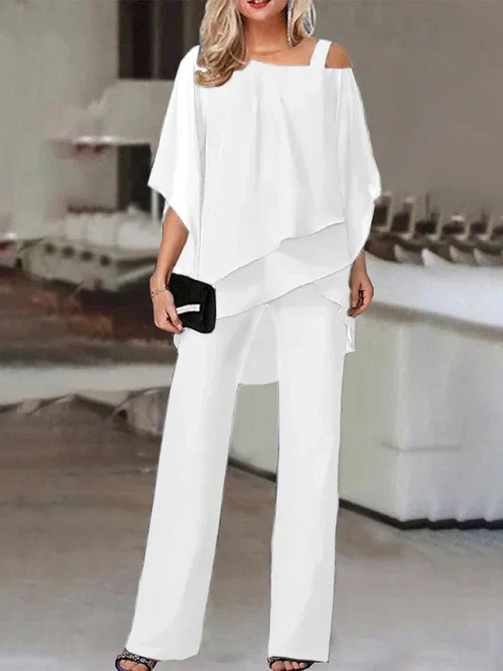 Damen Bluse Chiffon & Weite Hose Geschnitten Elegant