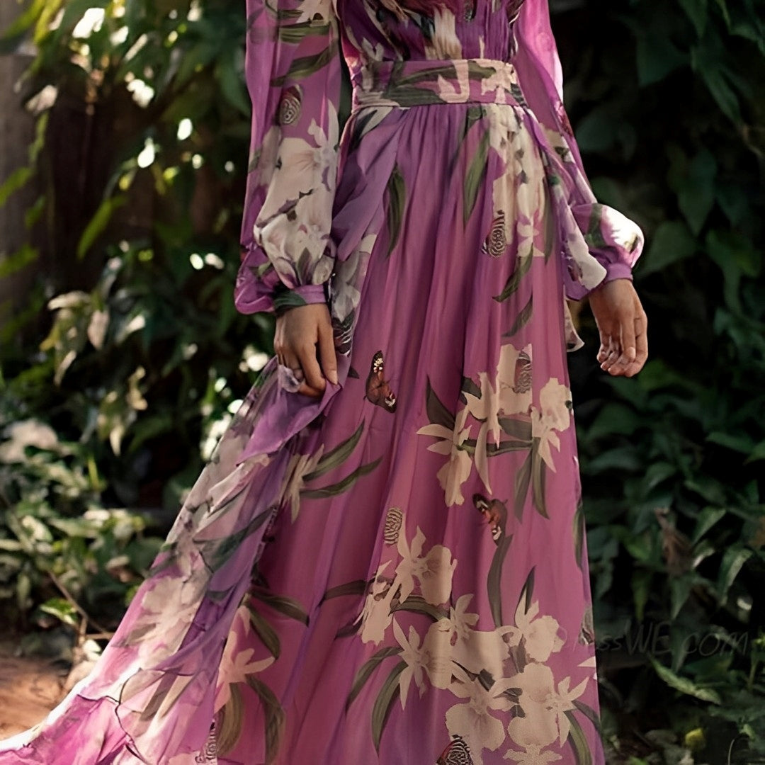Damen Maxi Kleid Blumenmuster Bequem V-Ausschnitt