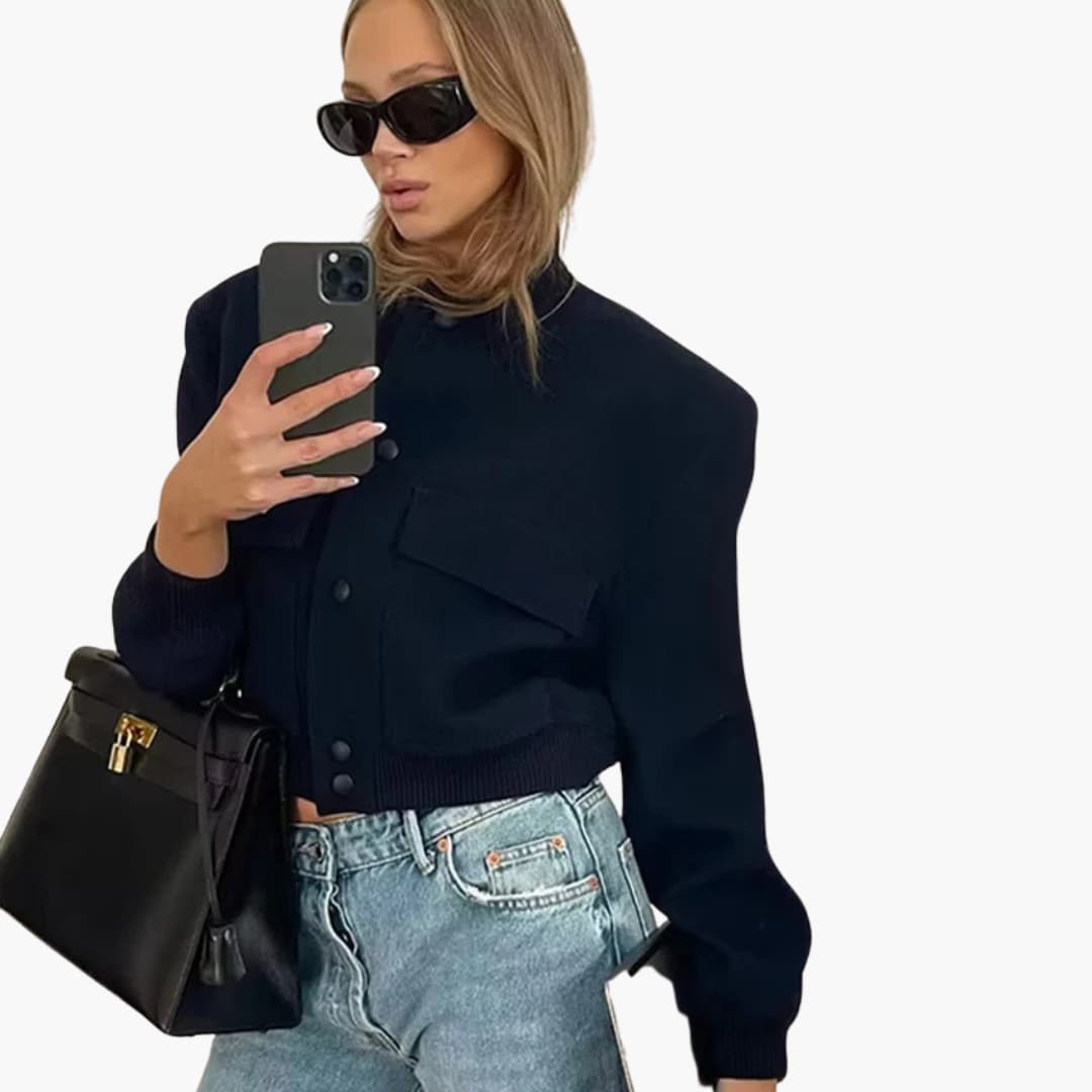 Damen Cropped Jacke mit Druckknöpfen und Klappentaschen 7