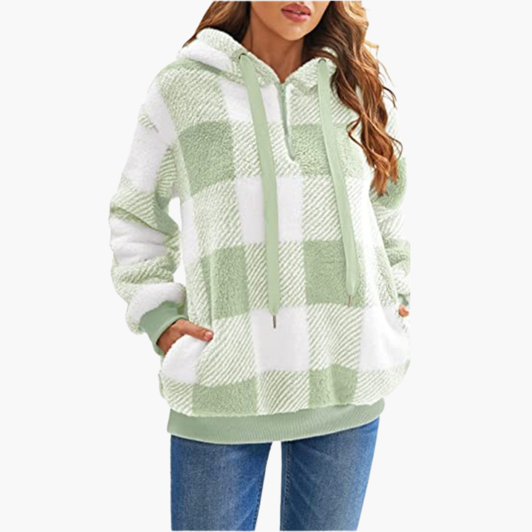 Damen Kapuzenpullover mit Halbreißverschluss und Karomuster 5