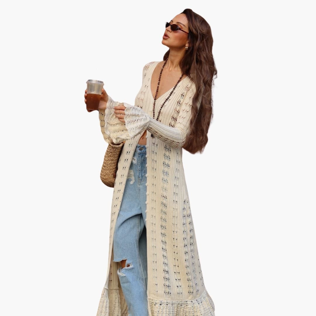 Damen Long Strickjacke mit offenem Frontdesign und ausgestellten Ärmeln 0