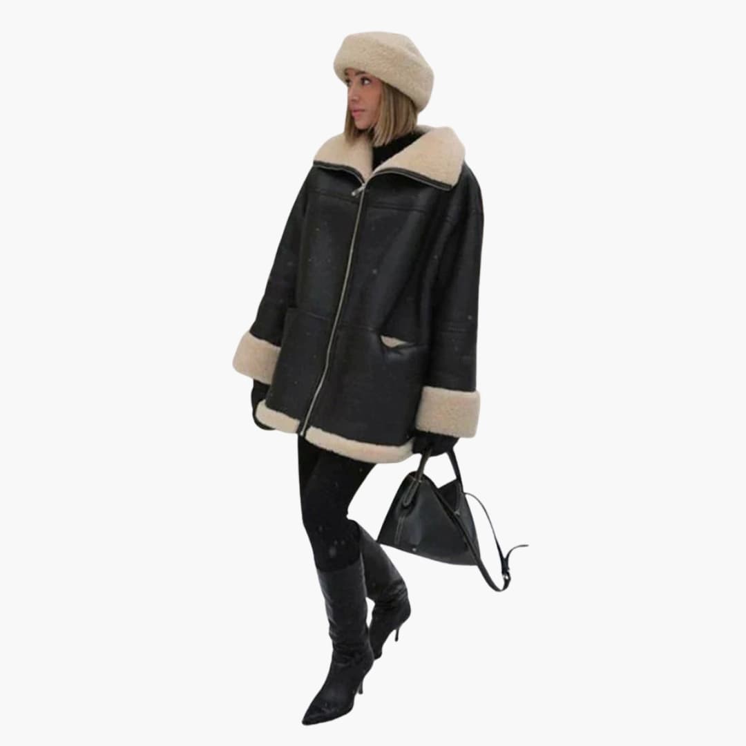 Damen Schwarze Jacke mit Shearling Besatz 1