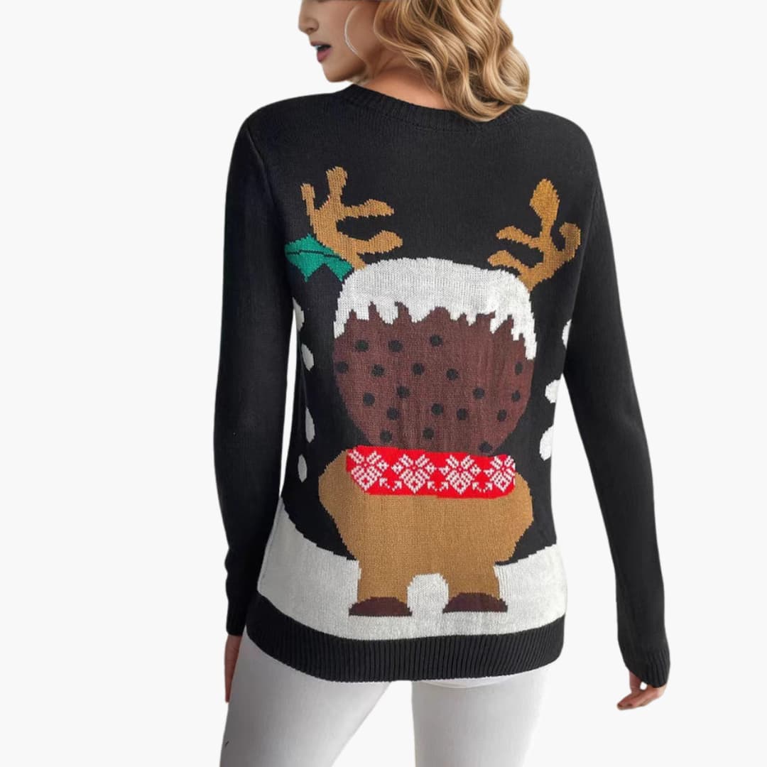 Damen Weihnachts Pullover mit Rentier Motiv und rotem Schal Detail 4
