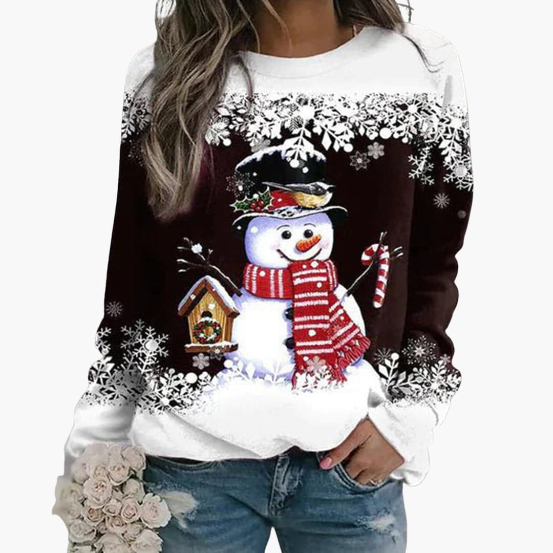 Damen Weihnachtspullover mit Schneemann und Schneeflocken Print 7