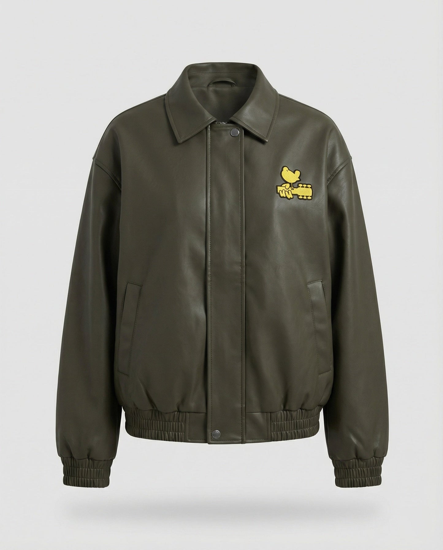 Lederjacke Bomberstil Gestickt Elastisch Schwarz