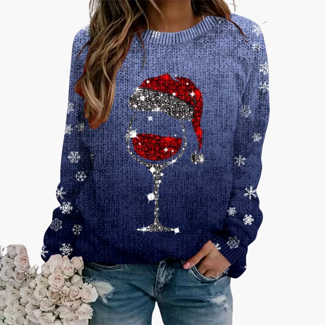 Damenpullover mit Weinglas und Schneeflockenmotiv 1